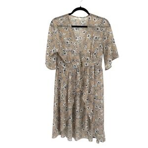 Sheer Floral Duster Kimono S Taupe Black Button Front Soft Romantic Lightweight